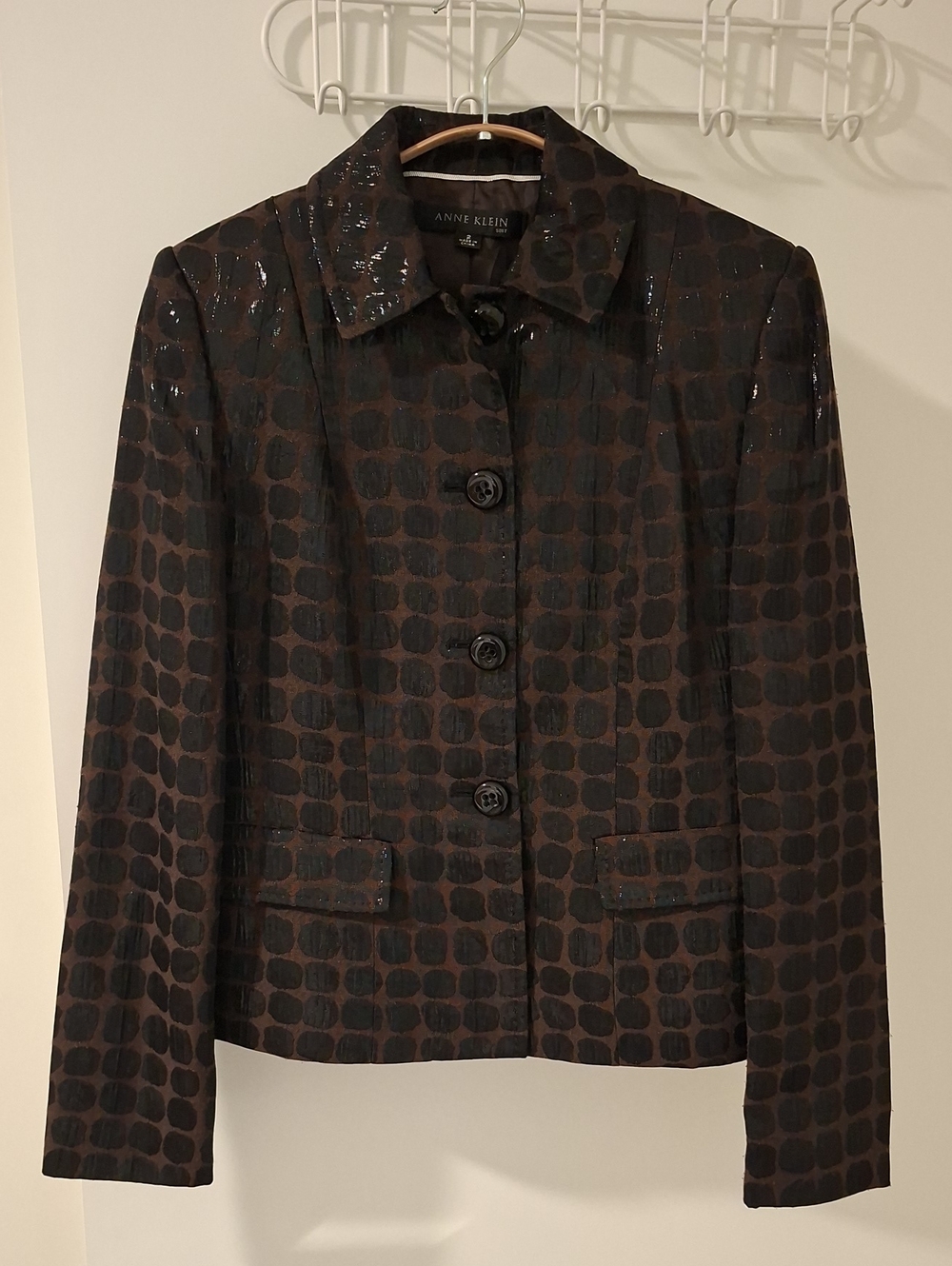 Vintage Anne Klein Chocolate Brown & Black Abstract Polka Dot Jacket (Size 2)